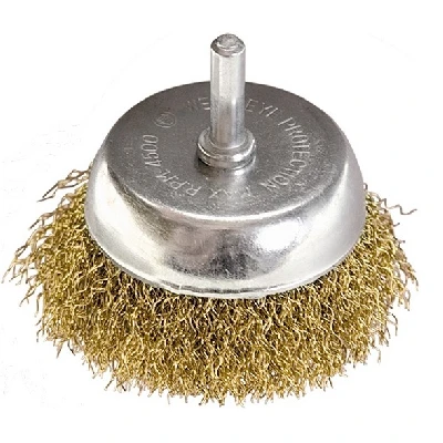 Щетка для дрели, 65 мм, чашка со шпилькой, латунированная витая проволока