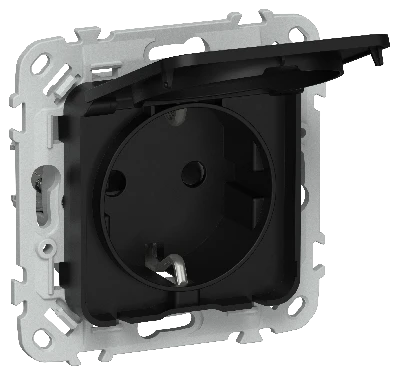 FLITE Розетка с заземлением с защитными шторками и крышкой безвинтовое крепление 16А IP44 РСшкр11-1-44-ФлЧ черный IEK