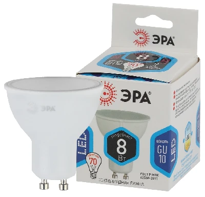 Лампа светодиодная LED MR16-8W-840-GU10 (диод, софит, 8Вт, нейтр, GU10) (10/100/3600) ЭРА Б0036729
