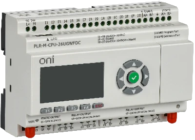 Микро ПЛК. Расширяемая версия. 16 дискретных входов (4 как 0-20мА, 8 как 0-10В, 4 до 60кГц), 2 транзисторных выхода до 10кГц, 8 релейных выходов. RTC. SD карта. 2хRS485. Ethernet. GSM/LTE/WiFi. Напряжение питания 24В DC