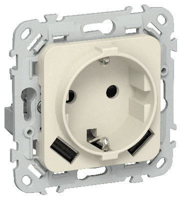 FLITE Розетка 1-местная с заземлением с защитными шторками 16А с USB A+A 3,1А безвинтовое крепление РСЮша11-1-ФлСл сливочный IEK