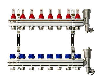 Коллекторная группа FHF-8RF set 8 контуров 1' х 3/4' с расходомерами, воздухоотводчиками и кронштейнами Ридан 088U0728R