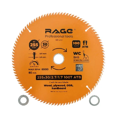 Диск пильный чистый 255 мм 100 зубьев посадка 30 мм + кольцо 25.4 мм 20 мм 16 мм