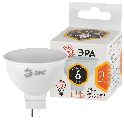 Лампа светодиодная LED MR16-6W-827-GU5.3 (диод, софит, 6Вт, тепл, GU5.3), (10/100/4000) ЭРА Б0020542