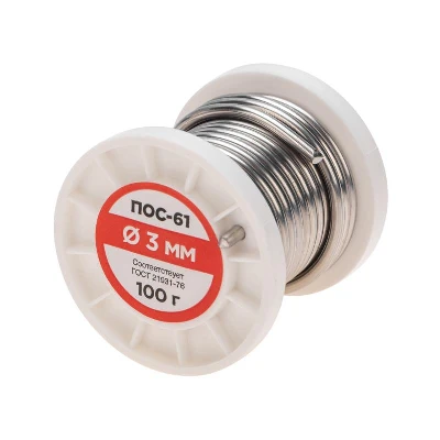 Припой без канифоли ПОС-61, 100 г, 3,0 мм, (олово 61%, свинец 39%) REXANT 09-3124