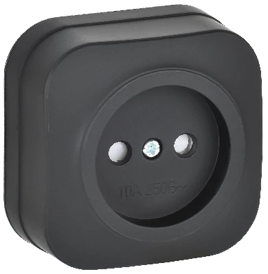 GLORY Розетка 1-местная для открытой установки без заземления с защитными шторками 10А РСш20-2-ХЧм черный матовый IEK