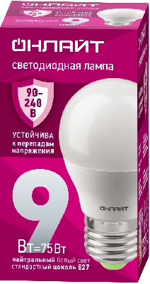 Лампа светодиодная 9вт OLL-G45-9-230-4K-E27-FR ОНЛАЙТ 90423 32004