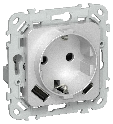 FLITE Розетка 1-местная с заземлением с защитными шторками 16А с USB A+C 20Вт безвинтовое крепление РСЮшс11-1-ФлА алюминий IEK