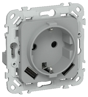 FLITE Розетка 1-местная с заземлением с защитными шторками 16А с USB A+A 3,1А безвинтовое крепление РСЮша11-1-ФлС серый IEK
