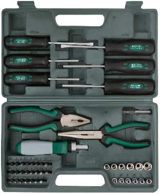 Набор инструмента 45 шт (пассатижи, отвертки, биты), пластиковый чемодан FIT 65143
