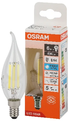 Лампа светодиодная филаментная LED Star Свеча на ветру 6Вт (замена 75Вт), 806Лм, 6500К, цоколь E14 OSRAM