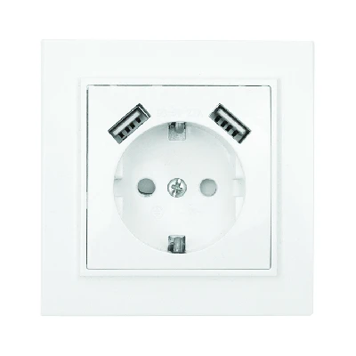 Розетка Минск 1-местная СП с заземлением 16А белая с защитными шторками с 2 USB 2,1А EKF ERR16-028-100-2USB