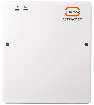 Прибор приемно-контрольный охранный, контроль 1 ШС, РИП (место под АКБ 7 А/ч), постановка-снятие ключами Touch Memory или кнопкой (в комплекте), выход для питания извещателей 12В, 550мА,  1 релейный выход, настройка перемычками. Теко Астра-712/1 Н00000845