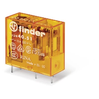 Реле электромеханическое универсальное миниатюрное, монтаж на печатную плату или в розетку, выводы с шагом 5мм, 1СO 10A, контакты AgNi, катушка 230В AC, степень защиты RTII FINDER 40.51.8.230.0000 405182300000