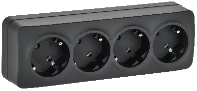 GLORY Розетка 4-местная для открытой установки с заземлением без защитных шторок 16А РС24-3-ХЧм черный матовый IEK