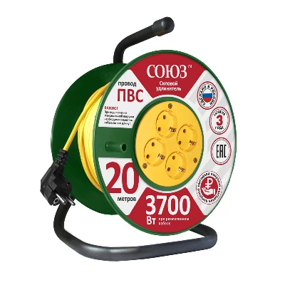 Удлинитель ТМ Союз силовой на катушке с 4  гнезда 3700 Вт с заземлением 20м UNIVersal 481S-3602