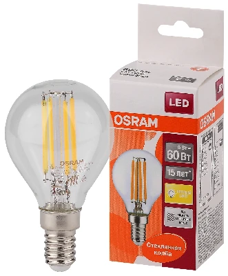 Лампа светодиодная LED 5Вт E14 CLP60 тепло-бел, Filament прозр.шар OSRAM LEDVANCE 4058075212459