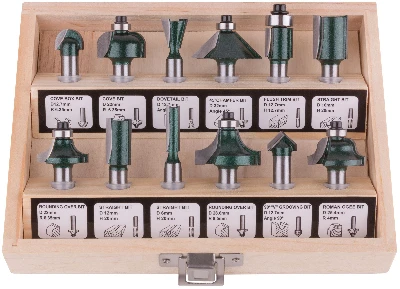 Фрезы по дереву кромочные, набор 12 шт, деревянный бокс, хвостовик 8 мм FIT 36578