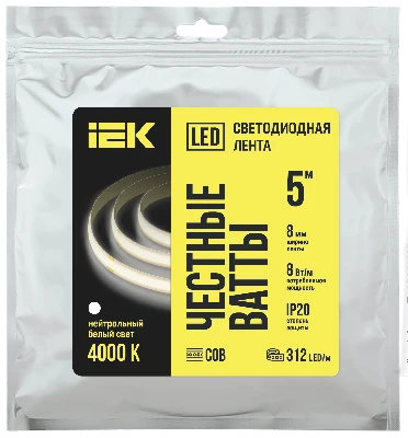 Лента LED 5м COB-312LED 8Вт/м IP20 8мм 24В 4000К IEK