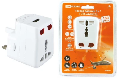 Тревел-адаптер 100-250В 3A (5 в 1) c USB-зарядкой 1000мА белый TDM