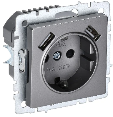 BRITE Розетка с заземлением с защитными шторками 16А с USB A+A 3,1А РЮш10-2-БрС сталь