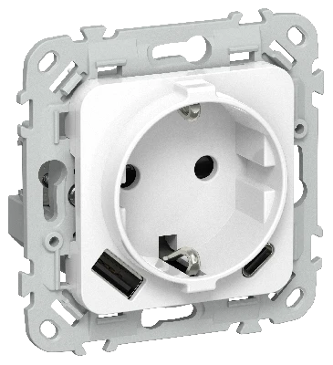 FLITE Розетка 1-местная с заземлением с защитными шторками 16А с USB A+C 20Вт безвинтовое крепление РСЮшс11-1-ФлБ белый IEK