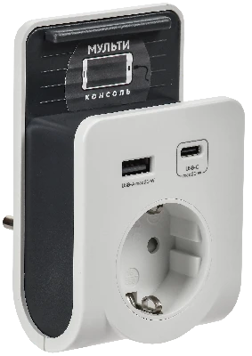 Адаптер Т-03/01 1 место 2P+PE 16А 2хUSB A+C 20Вт с подставкой бело-черный IEK