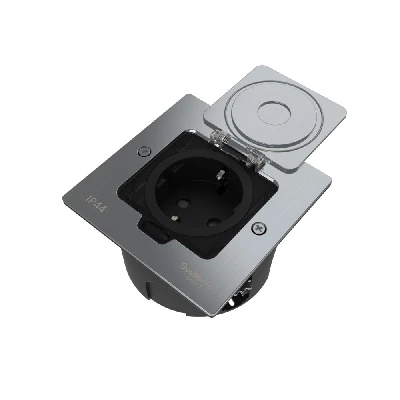 Лючок MultiDeS с розеткой 2К+З 16А/250В IP44 с монтажной коробкой для стены фальшпола стола Серебро тип MDK21