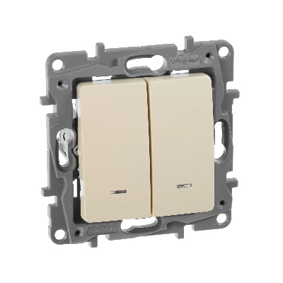 ETIKA Выключатель двухклавишный с подсветкой слоновая кость безвинтовые зажимы 10АХ Legrand 672304