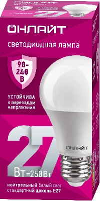Лампа светодиодная 27вт OLL-A60-27-230-4K-E27 ОНЛАЙТ 90407 31989