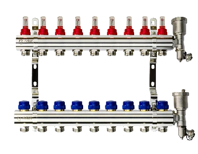 Коллекторная группа FHF-9RF set 9 контуров 1' х 3/4' с расходомерами, воздухоотводчиками и кронштейнами Ридан 088U0729R