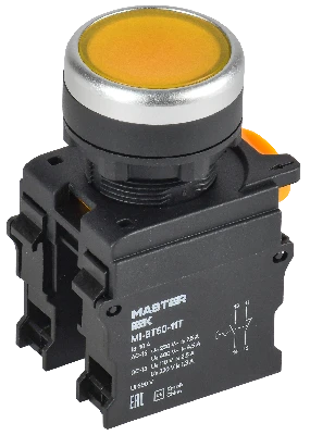 Кнопка с фиксацией d=22мм 1NO+1NC жёлтая MASTER IEK