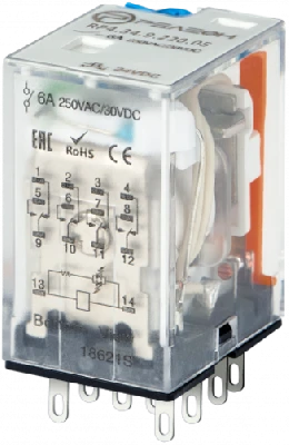 Промежуточное реле, 4 перекидных контакта 6А, 220В (DC), блокируемая кнопка проверки, светодиод