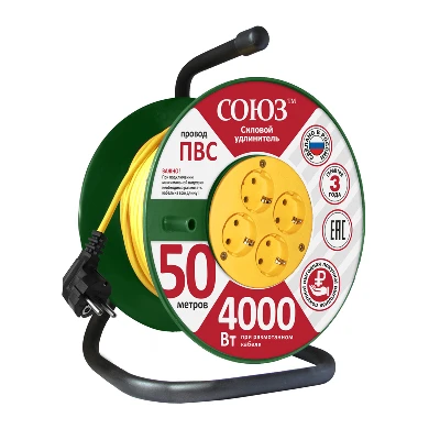 Удлинитель силовой ТМ Союз на катушке 4 гнезда 4000 Вт с заземляющим контактом 50м UNIVersal 481S-3705