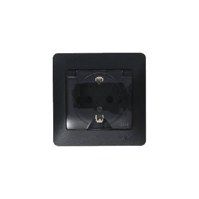 GLOSSA Розетка с заземлением со шторками с крышкой IP44 антрацит в сборе Systeme Electric GSL000748