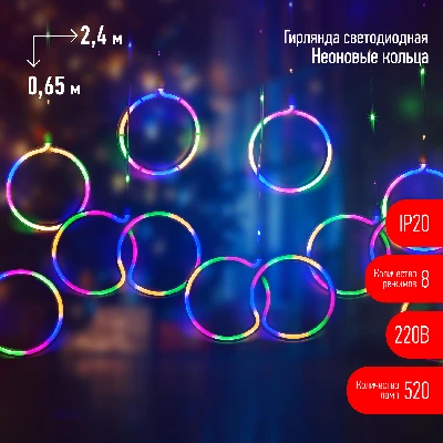 Светодиодная новогодняя гирлянда ЕGNIG - RI занавес Неоновые кольца 8 режимов 2,4*0,65 м мультиколор IP20