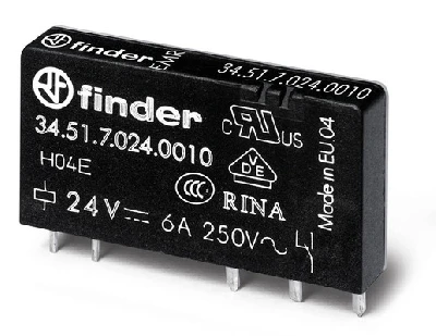 Реле ультратонкое электромеханическое, монтаж на печатную плату, 1CO 6A, контакты AgNi, катушка 24В DC (чувствит.), степень защиты RTII FINDER 34.51.7.024.0010 345170240010