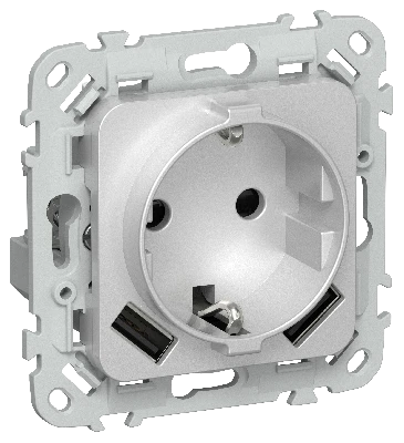 FLITE Розетка 1-местная с заземлением с защитными шторками 16А с USB A+A 3,1А безвинтовое крепление РСЮша11-1-ФлА алюминий IEK