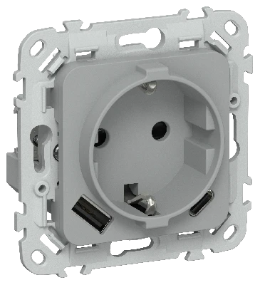 FLITE Розетка 1-местная с заземлением с защитными шторками 16А с USB A+C 20Вт безвинтовое крепление РСЮшс11-1-ФлС серый IEK