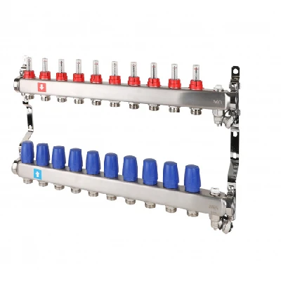 Коллекторная группа с расходомерами 1' х 10 выходов 3/4' НР евроконус с дренажным краном и воздухоотводчиком MVI MS.710.06