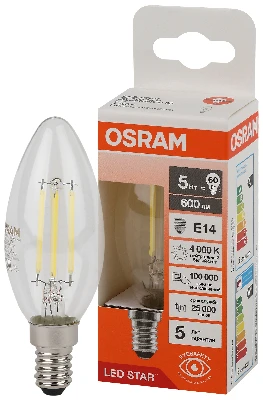 Лампа светодиодная филаментная LED Star Свеча 5Вт (замена 60Вт), 600Лм, 4000К, цоколь E14 OSRAM