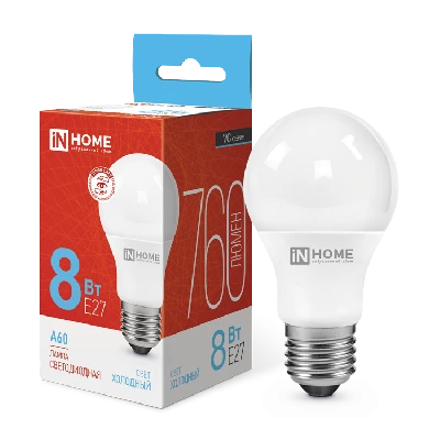 Лампа светодиодная LED-A60-VC 8Вт 230В Е27 6500К 760Лм IN HOME