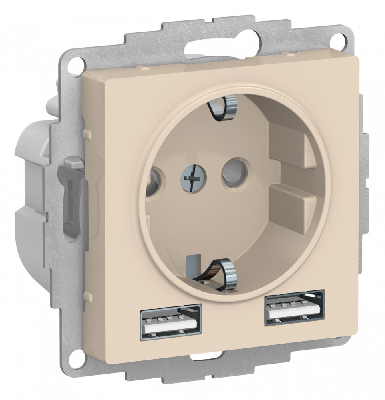 РОЗЕТКА ATLASDESIGN 16А c 2 USB A+A, 5В/2,4А, 2х5В/1,2А, механизм, БЕЖЕВЫЙ Systeme Electric ATN000230