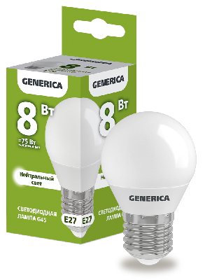 Лампа светодиодная G45 шар 8Вт 230В 4000К E27 GENERICA IEK LL-G45-08-230-40-E27-G